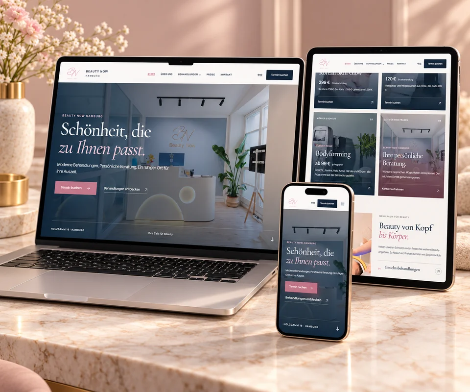 BEAUTY NOW HAMBURG: Website auf Laptop, Tablet und Smartphone im Studio-Mockup