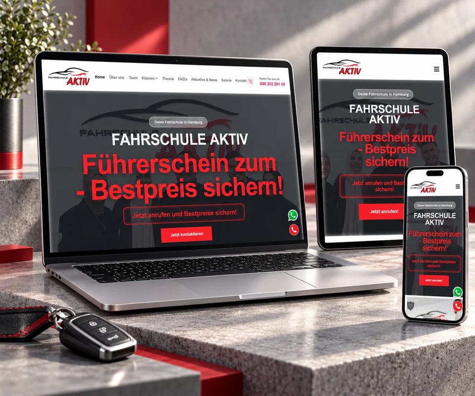 FAHRSCHULE AKTIV: Website auf Laptop, Tablet und Smartphone im Studio-Mockup