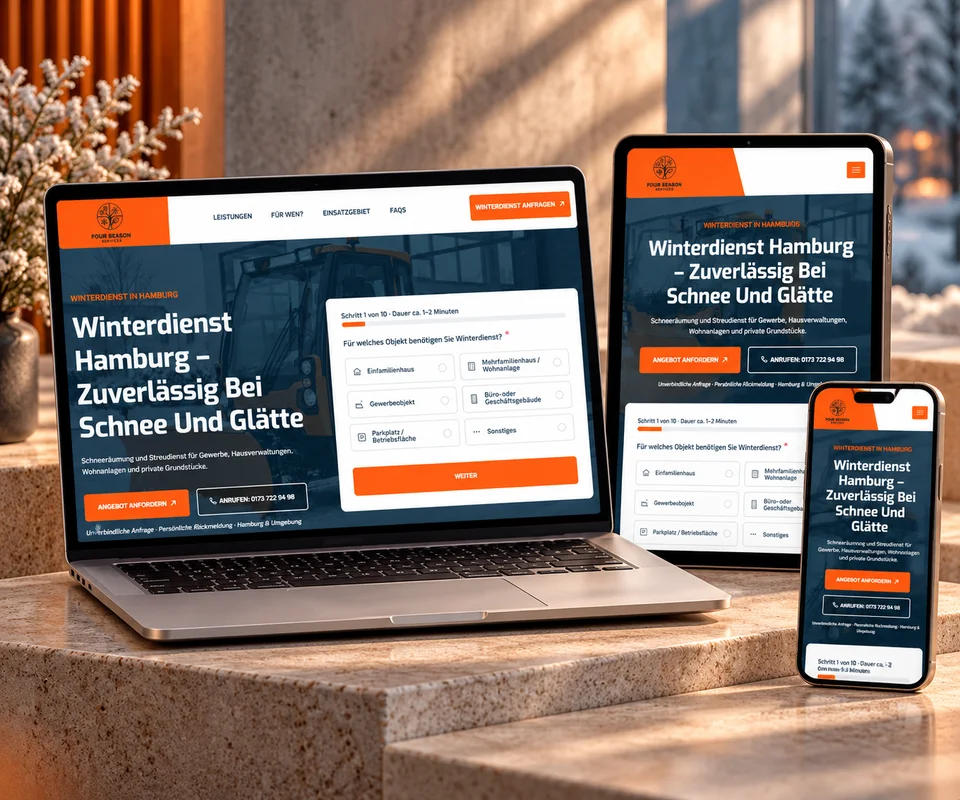 FOUR SEASON SERVICES: Website auf Laptop, Tablet und Smartphone im Studio-Mockup