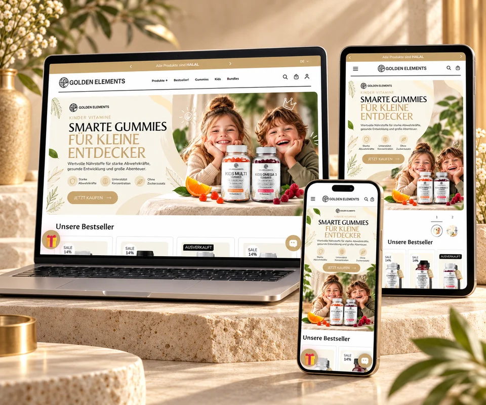 GOLDEN ELEMENTS SUPPLEMENTS: Website auf Laptop, Tablet und Smartphone im Studio-Mockup