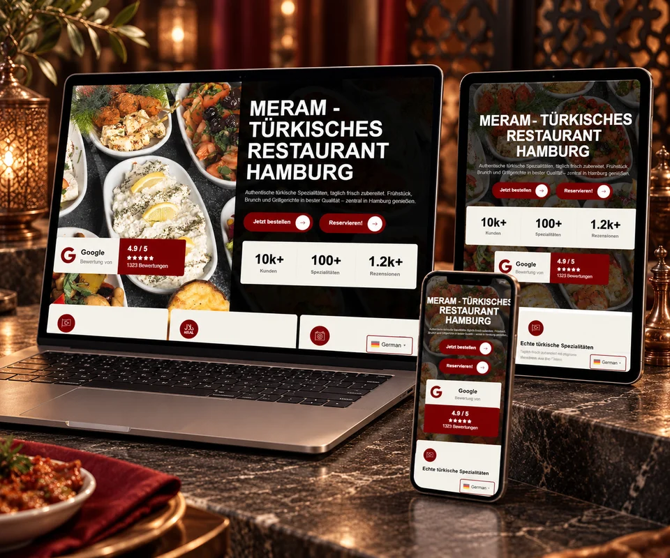 MERAM RESTAURANT: Website auf Laptop, Tablet und Smartphone im Studio-Mockup
