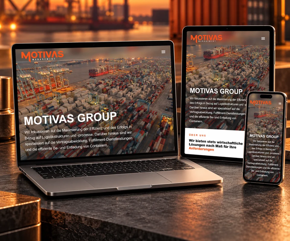 MOTIVAS MANAGEMENT GmbH: Website auf Laptop, Tablet und Smartphone im Studio-Mockup