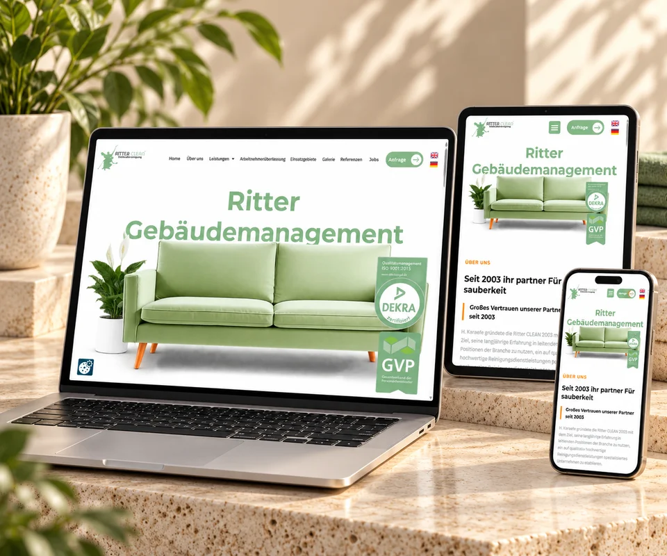 RITTER GEBÄUDEMANAGEMENT: Website auf Laptop, Tablet und Smartphone im Studio-Mockup